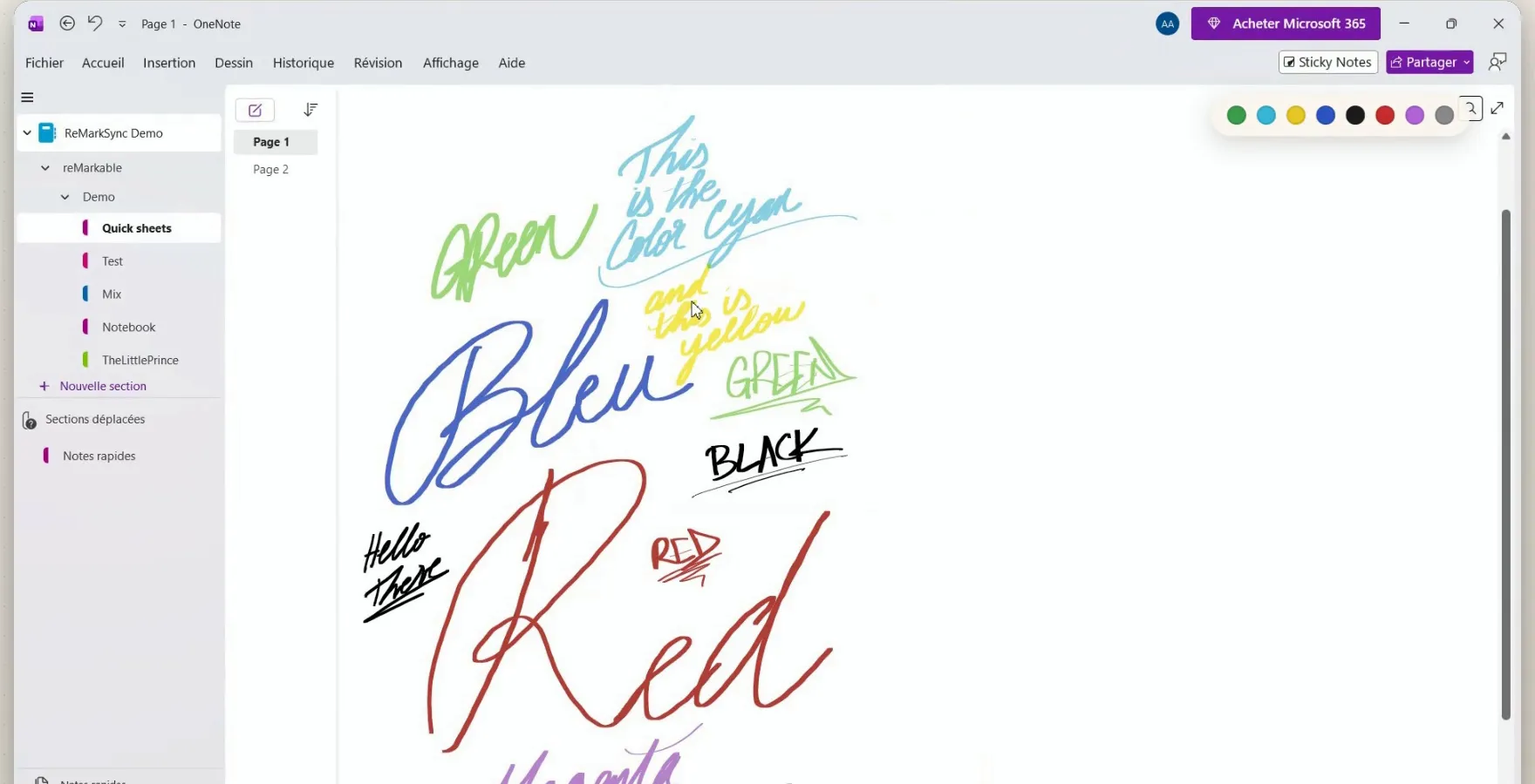 The same page in OneNote, with every stroke as OneNote ink in the same colors