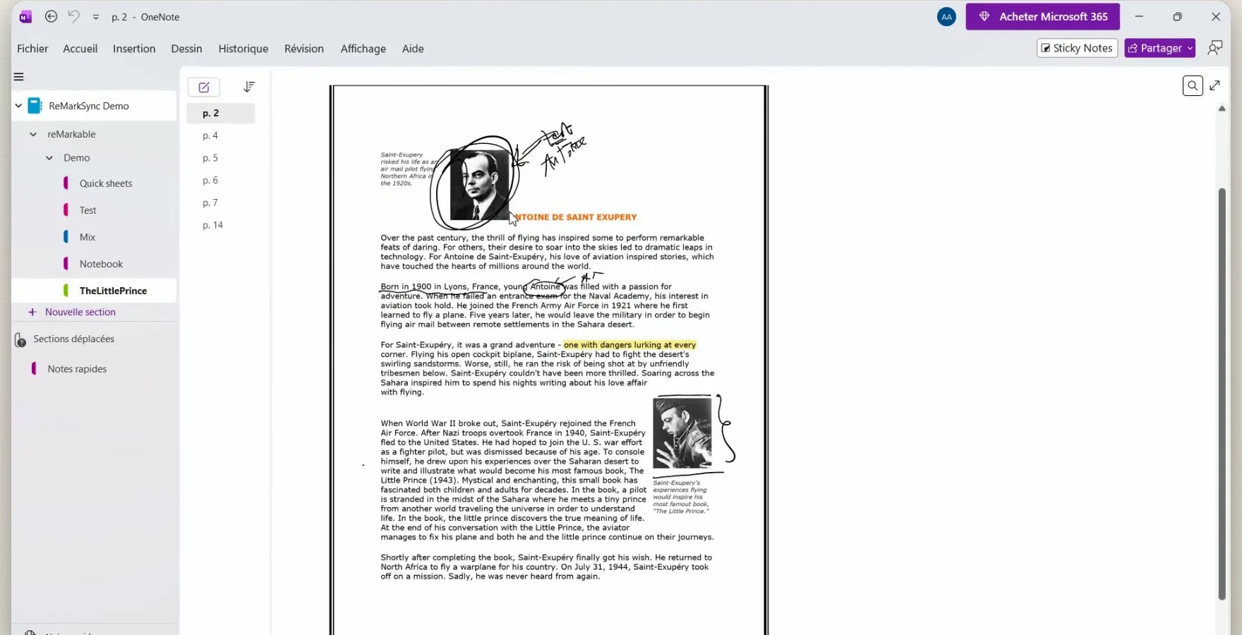 The same PDF page in OneNote, with the handwritten notes on top as ink