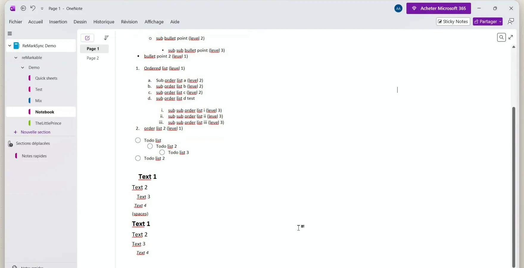 The same page in OneNote as editable text with the lists kept