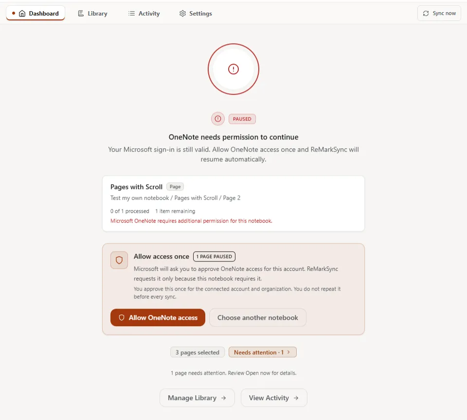 ReMarkSync Dashboard paused with OneNote needs permission to continue, one affected page, and the Allow OneNote access and Choose another notebook buttons