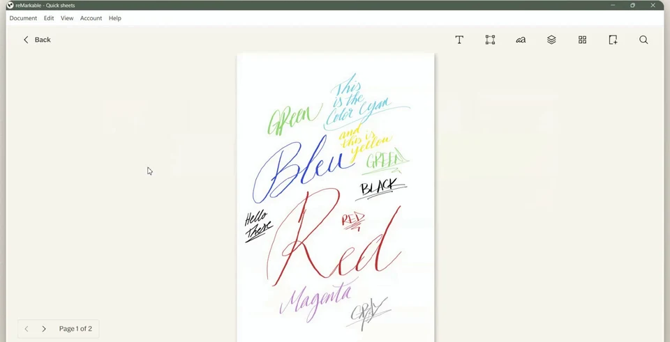 Original colored handwriting in the official reMarkable desktop app