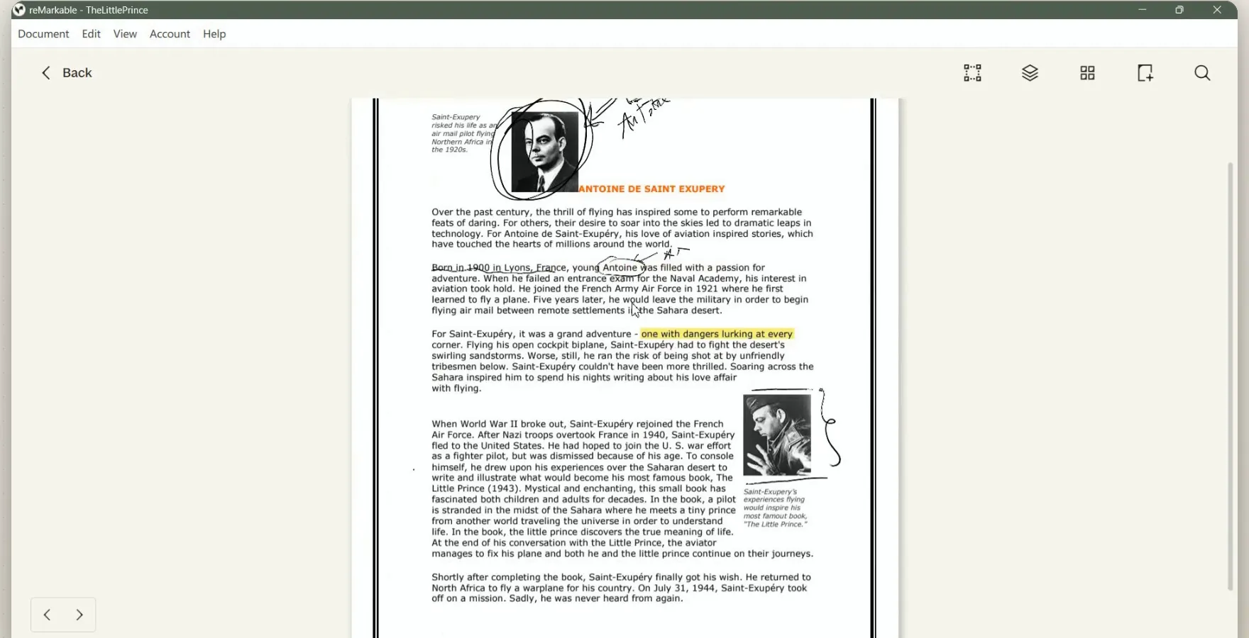 A PDF article on reMarkable with a yellow highlight and handwritten notes