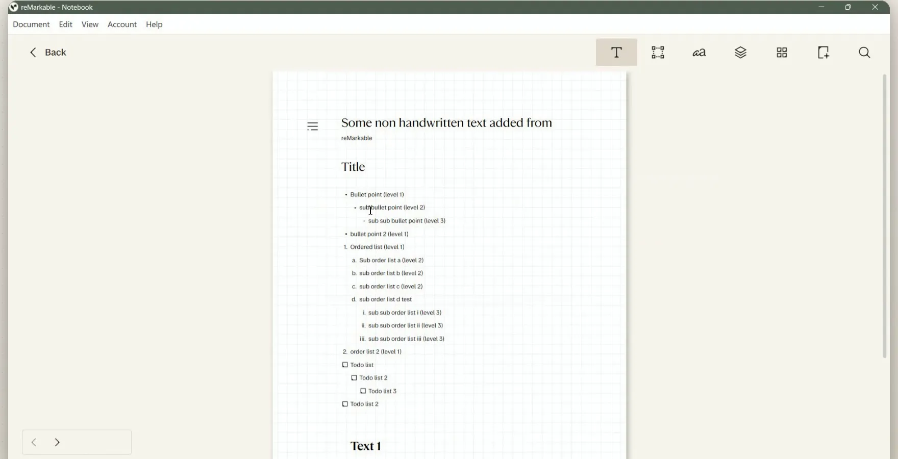 A reMarkable page with a typed title, bullets, numbered lists and to-do items